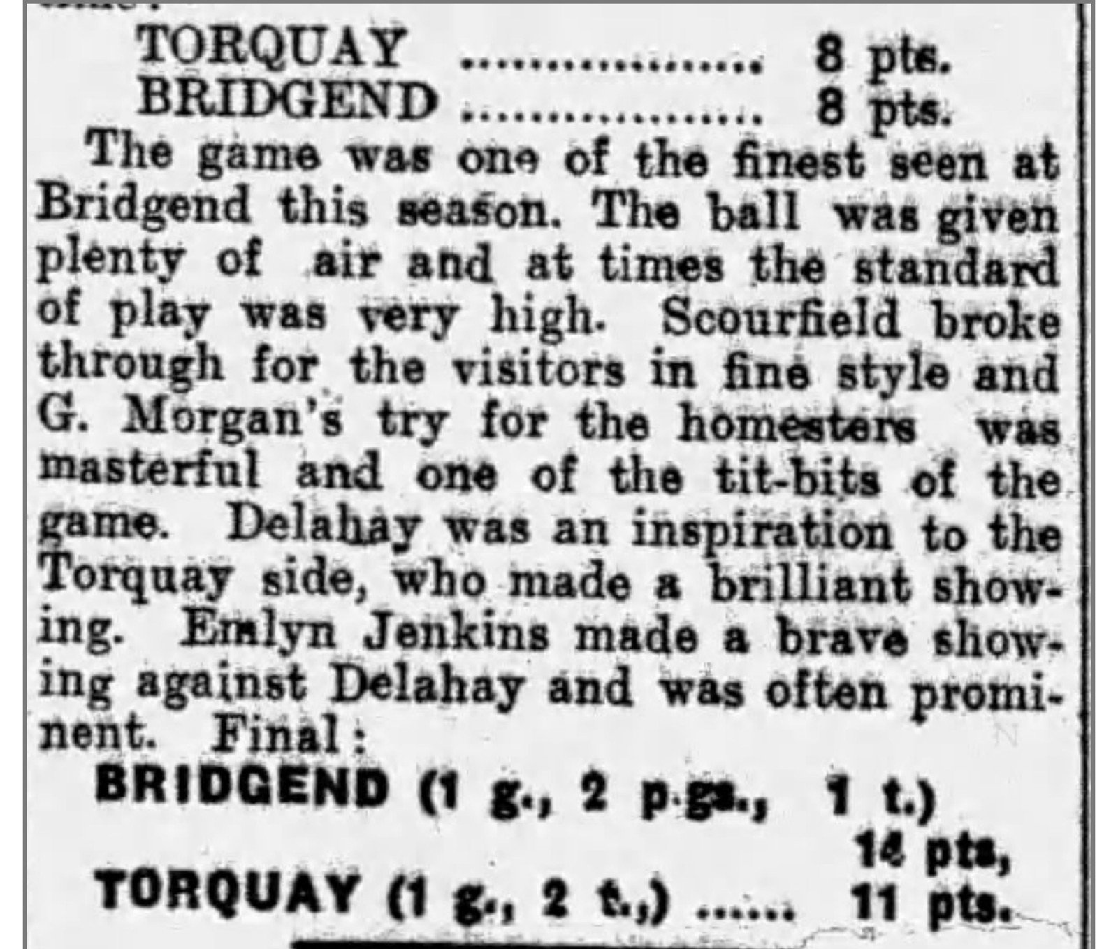 Herald Express, Torquay, 23 November 1929, report of Bridgend against Torquay mentioning Emlyn Jenkins
