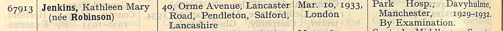 Detail of the 1937 Register of Nurses showing Kathleen Mary Jenkins née Robinson, number 67913, trained at Park Hospital Davyhulme