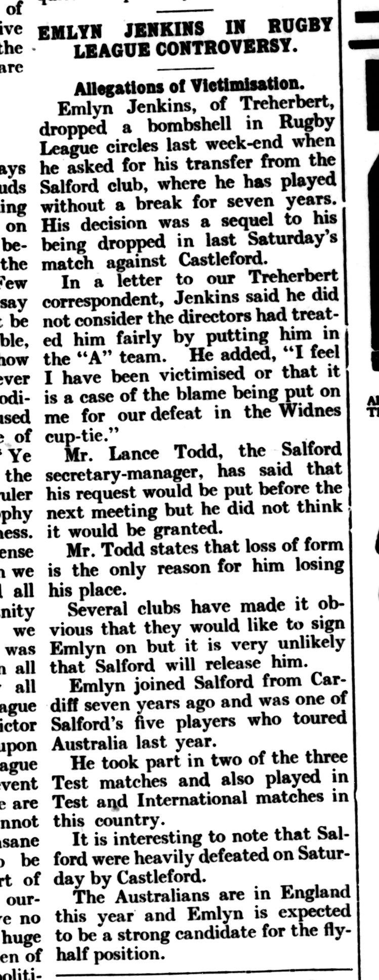 Caerphilly Journal, 2 October 1937, Emlyn Jenkins in Rugby League controversy, allegations of victimisation