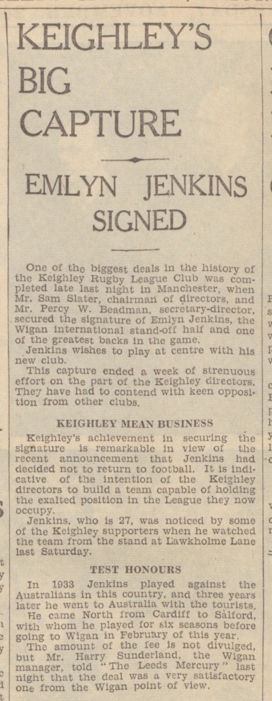 Leeds Mercury, 24 November 1938, Keighley's Big Capture, Emlyn Jenkins signed
