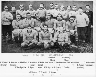 Warrington team group before the match against Halifax, 21 February 1948, with names captioned