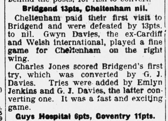 Bridgend 13, Cheltenham nil: his first recorded try