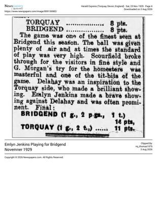 Herald Express, Torquay, 23 November 1929, report of Bridgend against Torquay