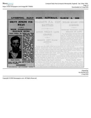 Liverpool Daily Post, 5 March 1938, Emlyn Jenkins for Wigan