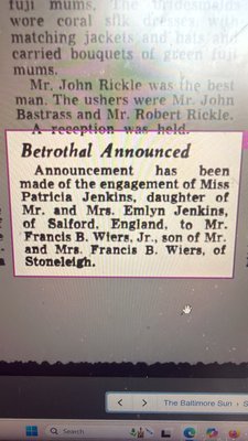 Betrothal announcement for Patricia Jenkins and Francis B. Wiers Jr., American newspaper
